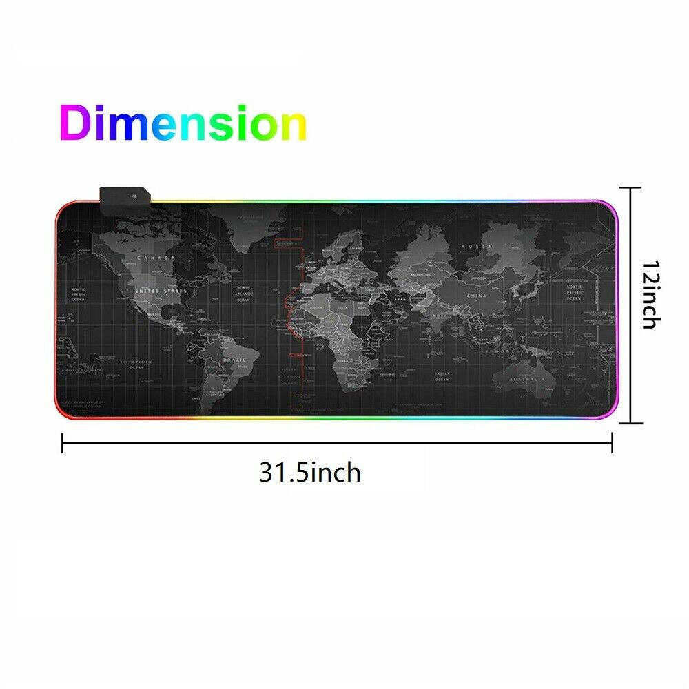 RGB LED Extra Large Soft Gaming Mouse Pad Oversized Glowing World Map 31.5X12''