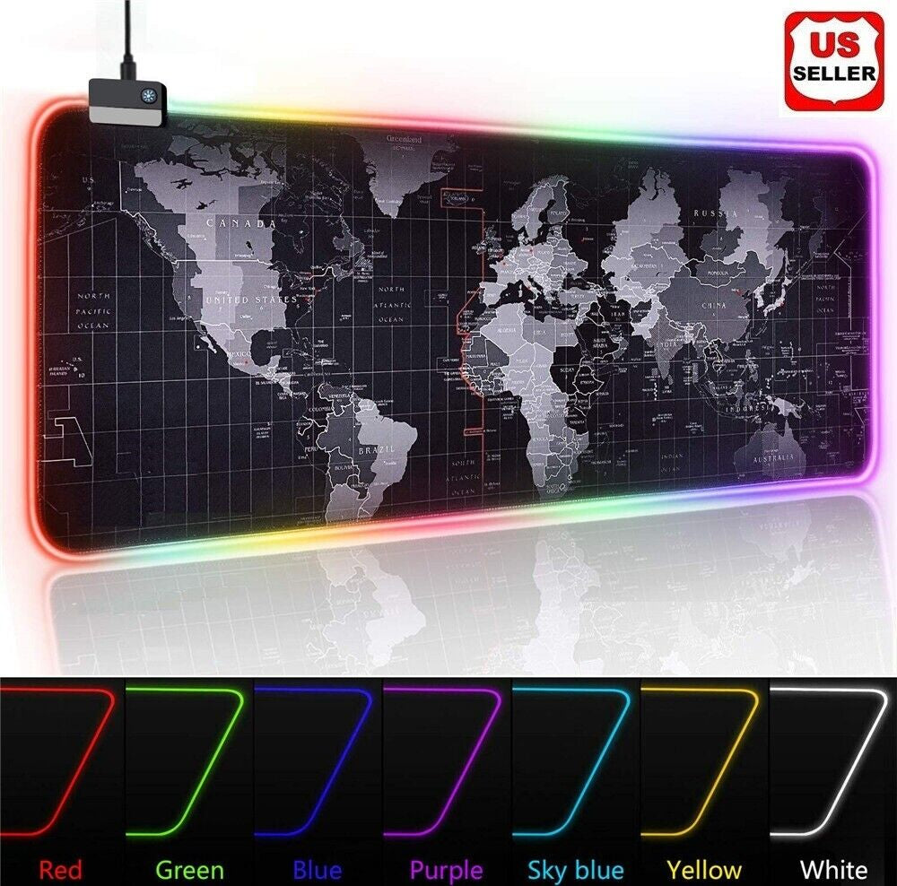 RGB LED Extra Large Soft Gaming Mouse Pad Oversized Glowing World Map 31.5X12''